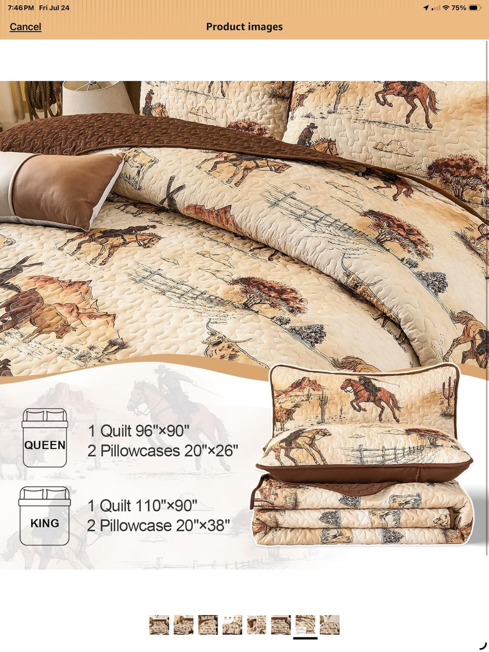 Western Cowboy Bronco Horse Ranch Print Quilt Set Beige & Brown Queen - Picture 7 of 7